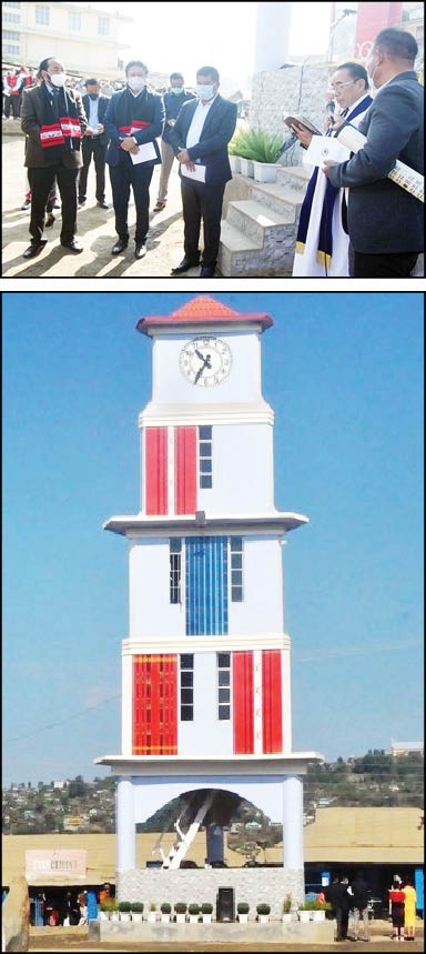 Dy CM Y Patton, Minister Jacob Zhimomi and Executive Secretary, LBCA, Rev L Tsanso with others during the inauguration of Clock Tower, Wokha on December 11. (DIPR Photo)